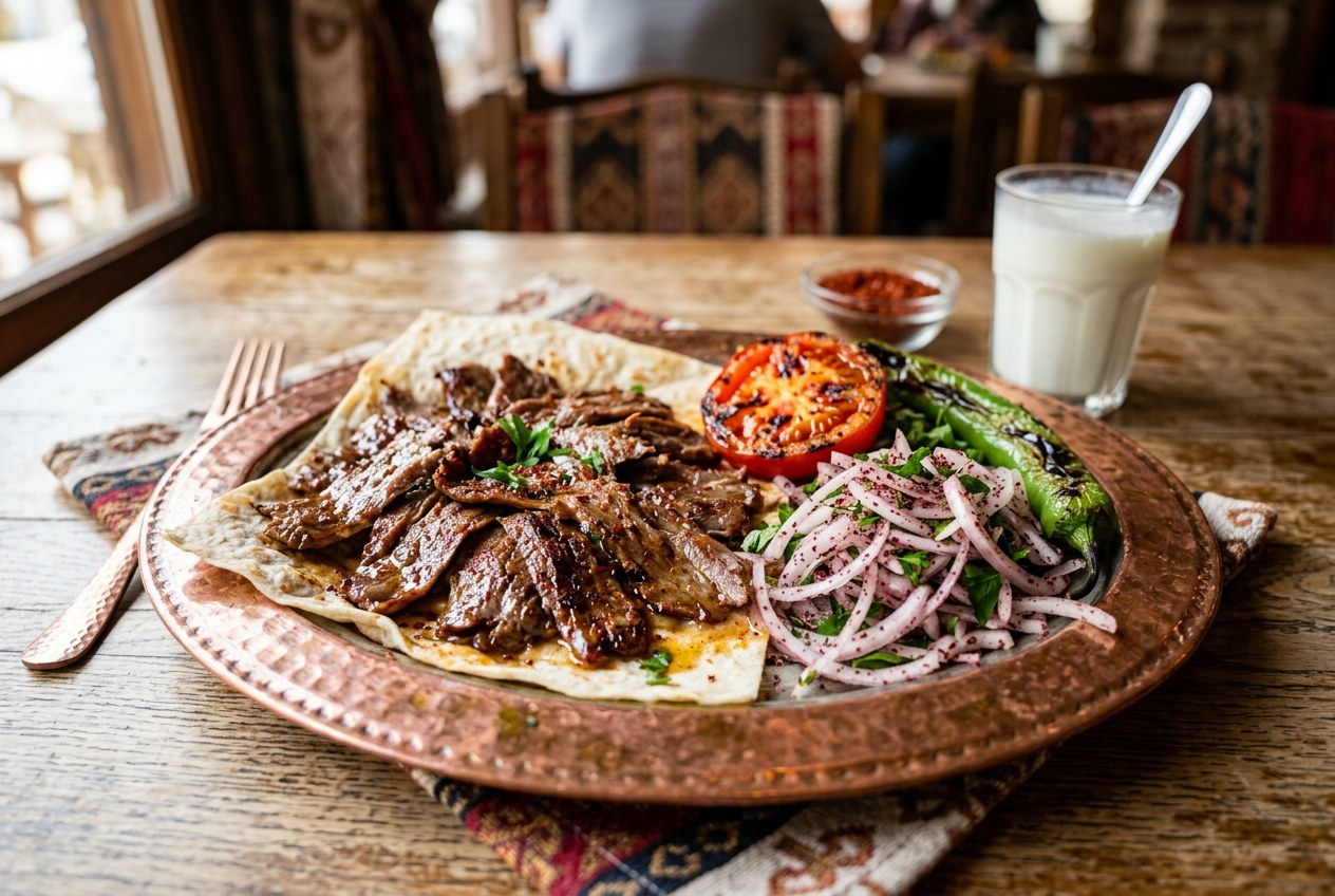 Lavaş üzerinde servis edilen Erzurum usulü çağ kebabı, közlenmiş domates ve sumaklı soğan