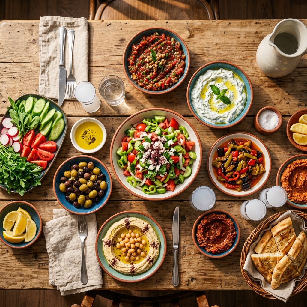 Çeşitli Türk mezeleri ve çoban salata