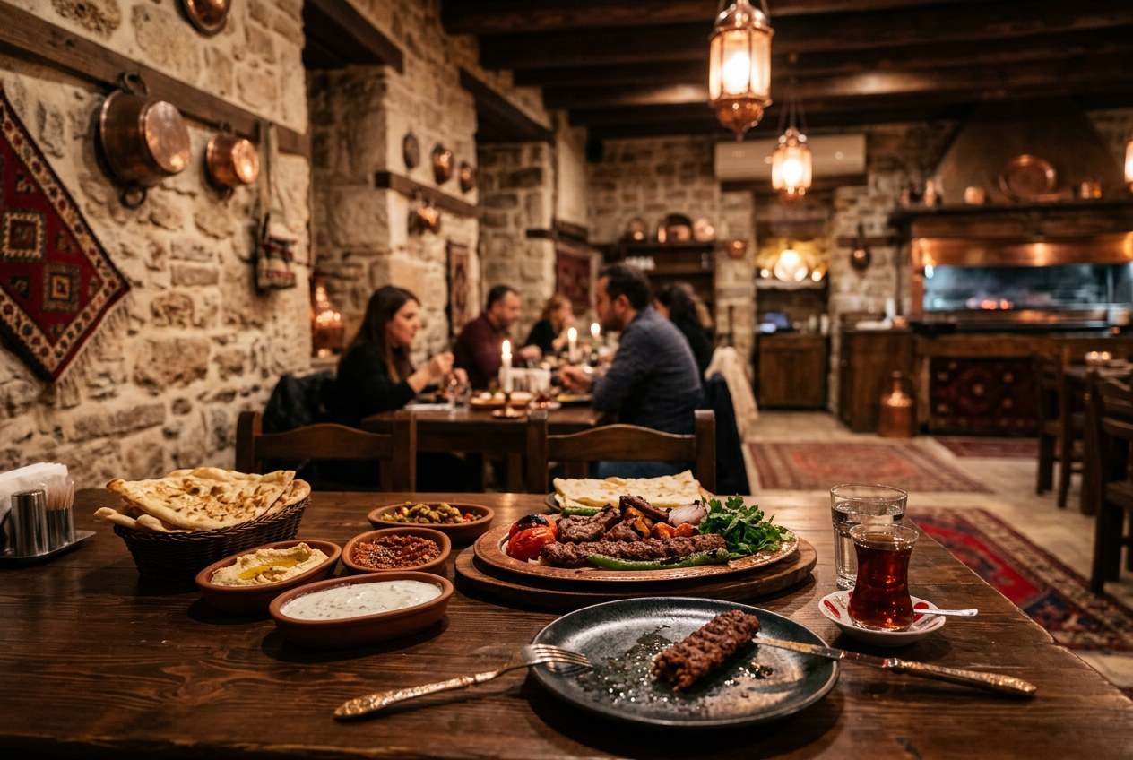 Yayla Çağ Kebap restoranının taş duvarlı, ahşap masalı sıcak iç mekânı